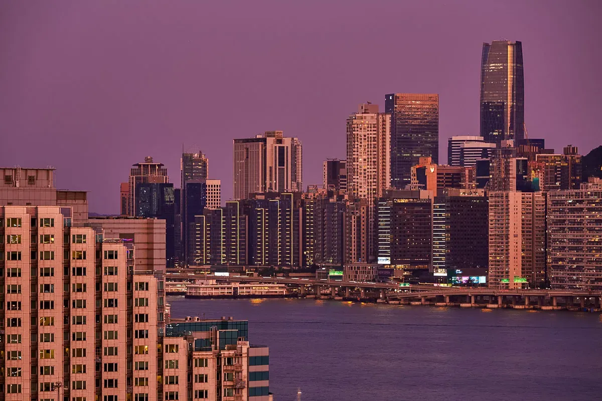 Harbourfront Horizon and view to Victoria Harbour at dusk in Hong Kong
