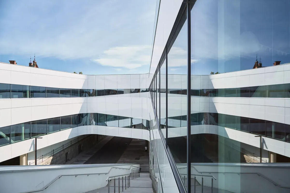 Reflections of cultural center Väven in Umeå, Sweden